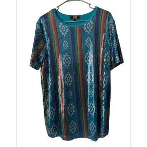 Lucky & Blessed L&B Blue Aztec Rainbow Sequins Tunic Top Women’s Size Small